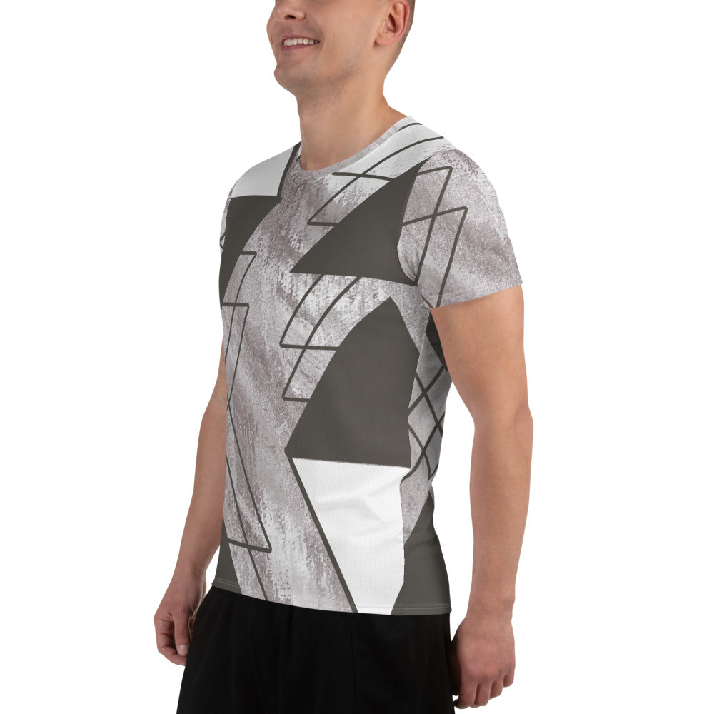 Men's Stretch Fit Athletic Sports T-shirt in Ash Grey and White with a triangular colorblock design, showcasing its flexible fit and moisture-wicking fabric.