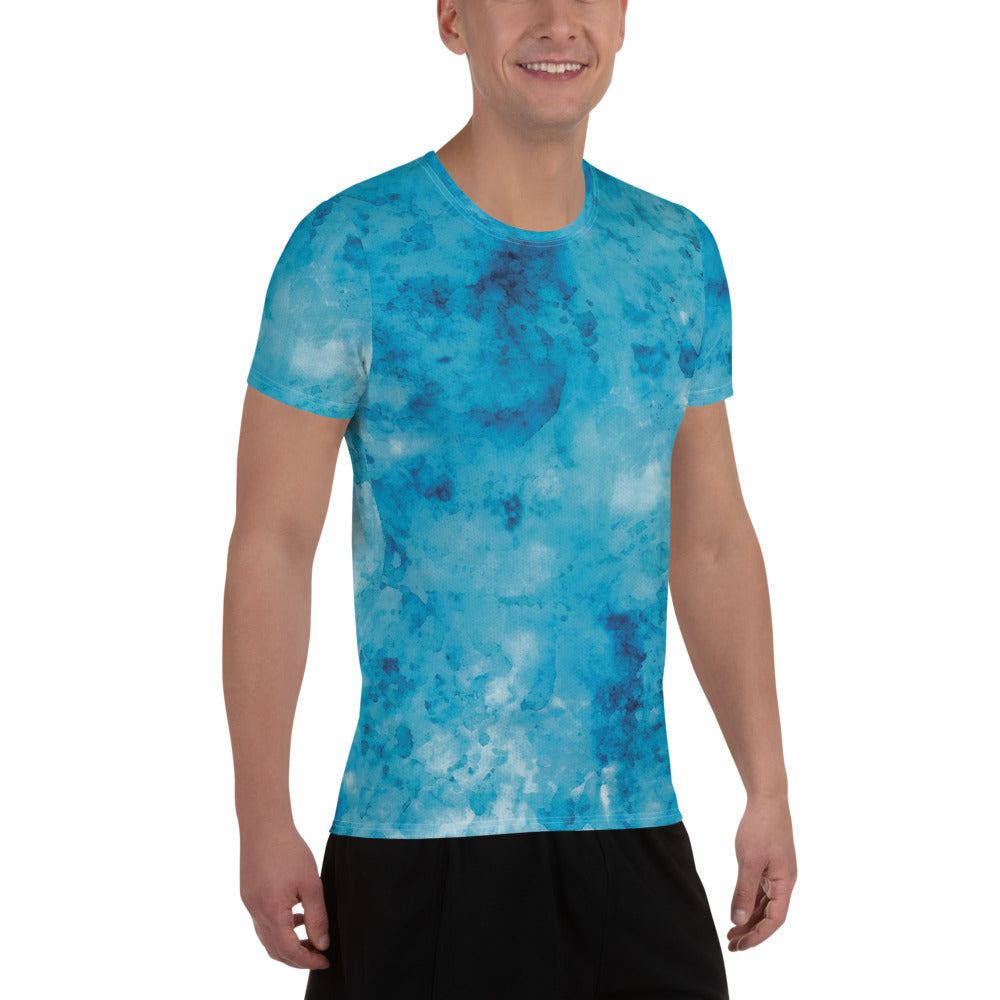 Men's Stretch Fit Athletic Sports T-shirt in blue marble print, showcasing its soft fabric and athletic design.