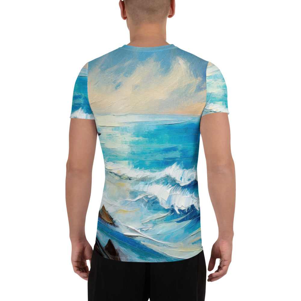 Men's Stretch Fit Athletic Sports T-shirt in Blue Ocean Print, showcasing a comfortable fit and stylish design, perfect for workouts.