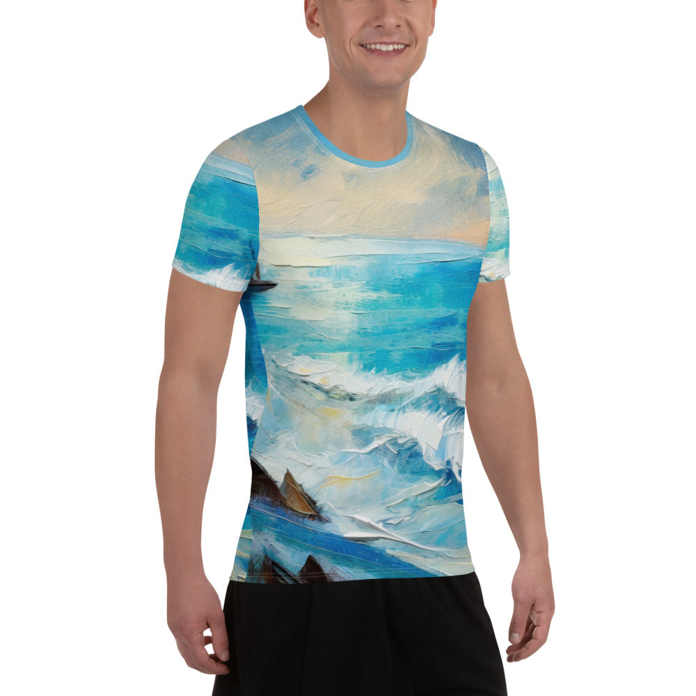 Men's Stretch Fit Athletic Sports T-shirt in Blue Ocean Print, showcasing a comfortable fit and stylish design, perfect for workouts.