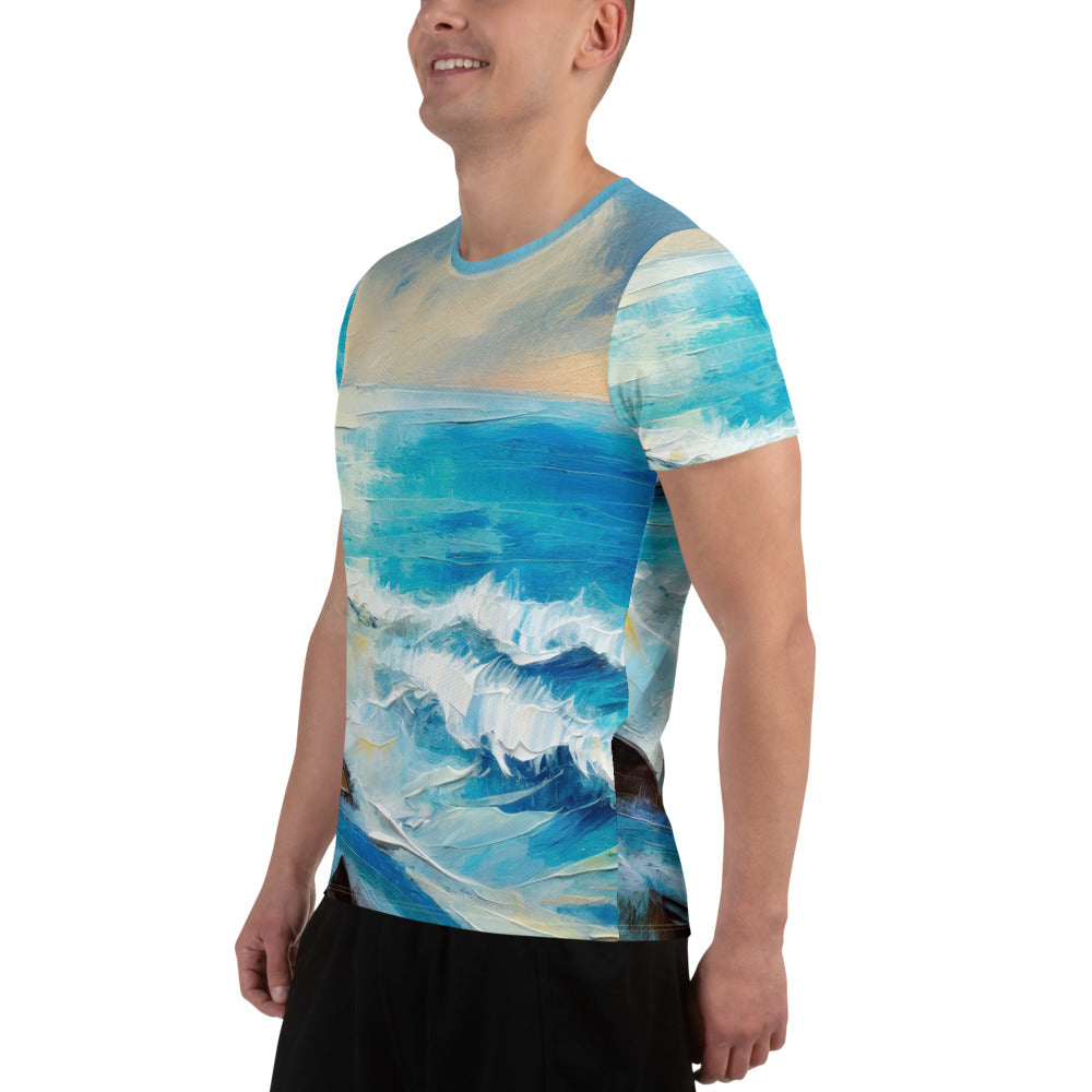 Men's Stretch Fit Athletic Sports T-shirt in Blue Ocean Print, showcasing a comfortable fit and stylish design, perfect for workouts.