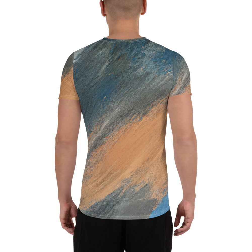 Men's Stretch Fit Athletic Sports T-shirt in blue and orange abstract pattern, showcasing its flexible fit and moisture-wicking fabric.