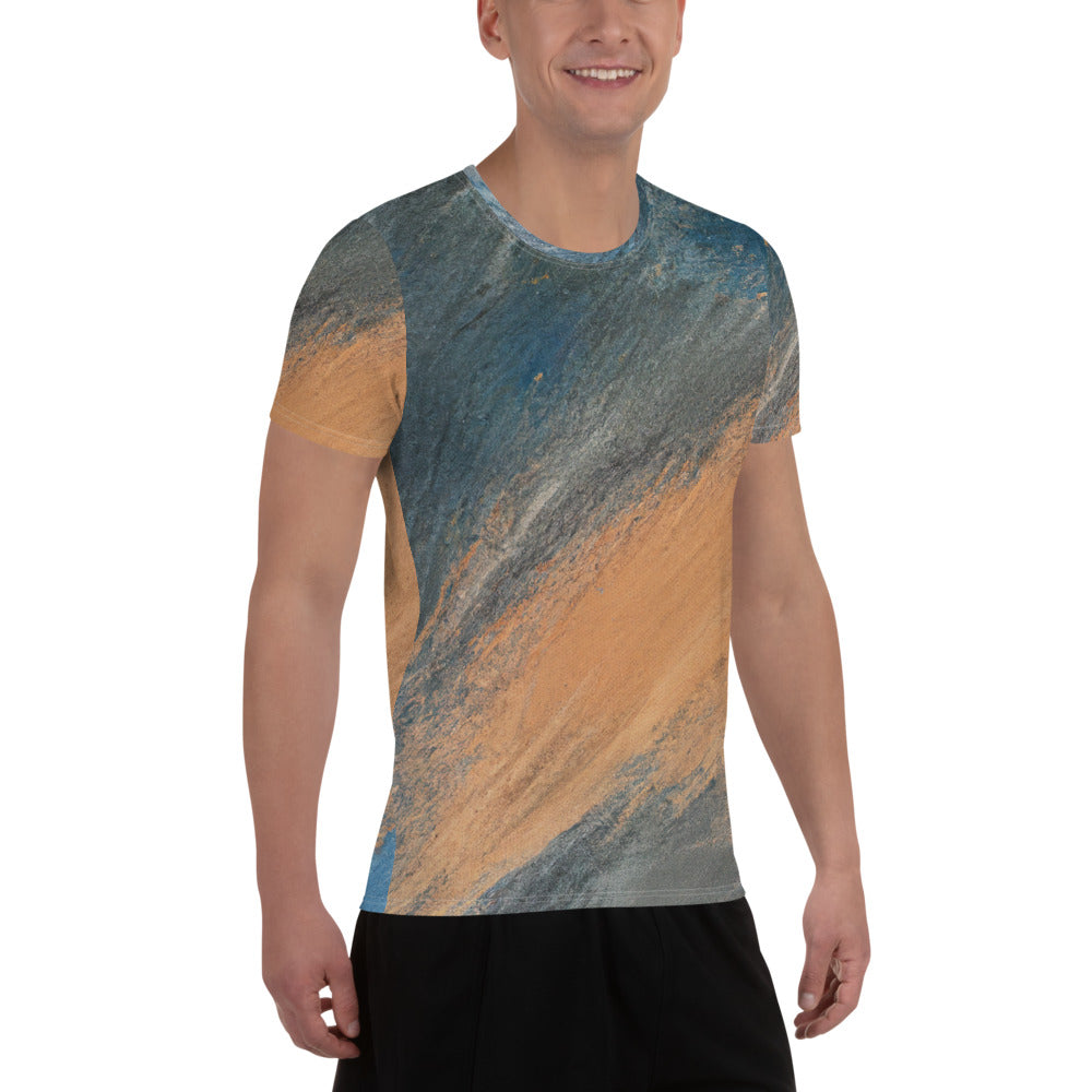 Men's Stretch Fit Athletic Sports T-shirt in blue and orange abstract pattern, showcasing its flexible fit and moisture-wicking fabric.