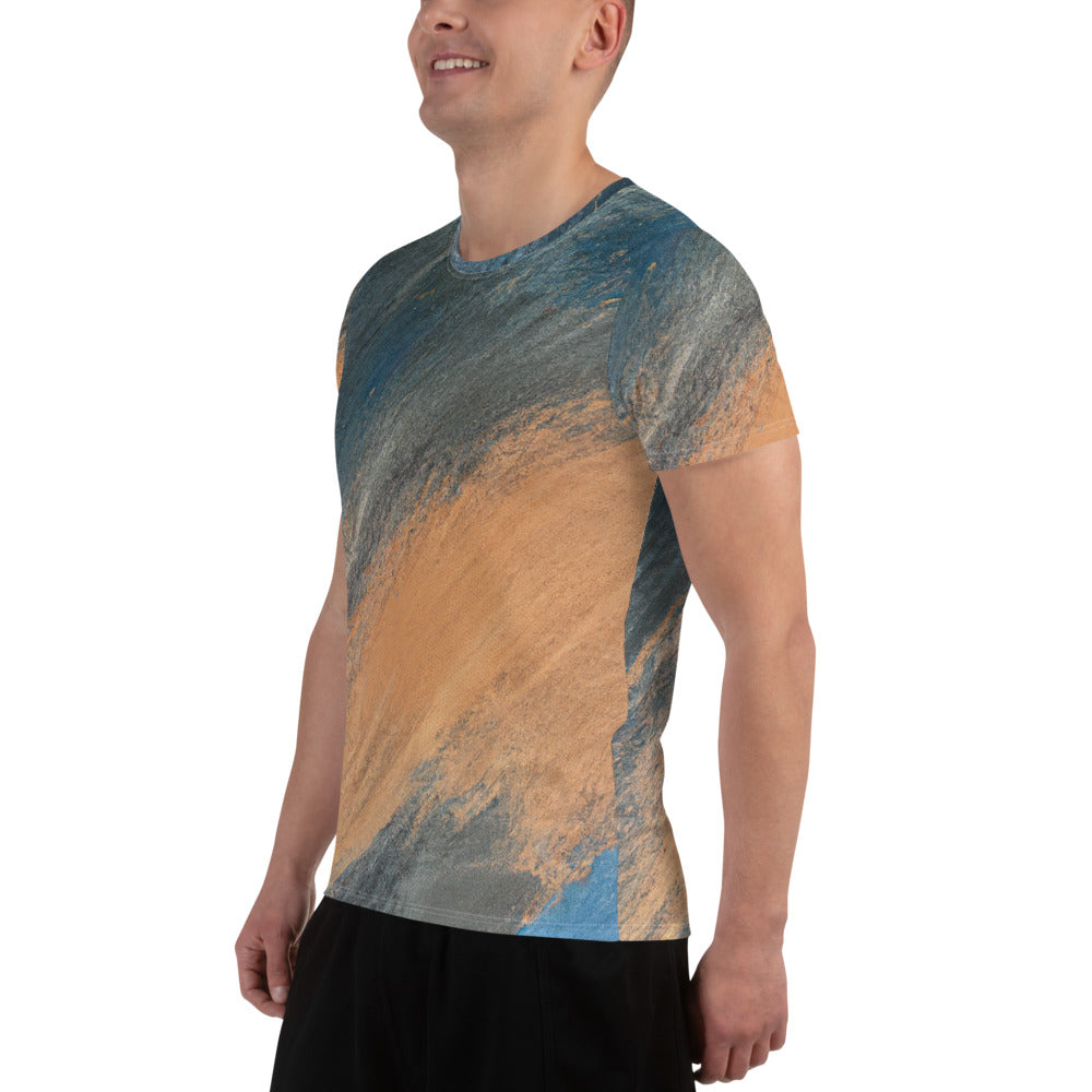 Men's Stretch Fit Athletic Sports T-shirt in blue and orange abstract pattern, showcasing its flexible fit and moisture-wicking fabric.