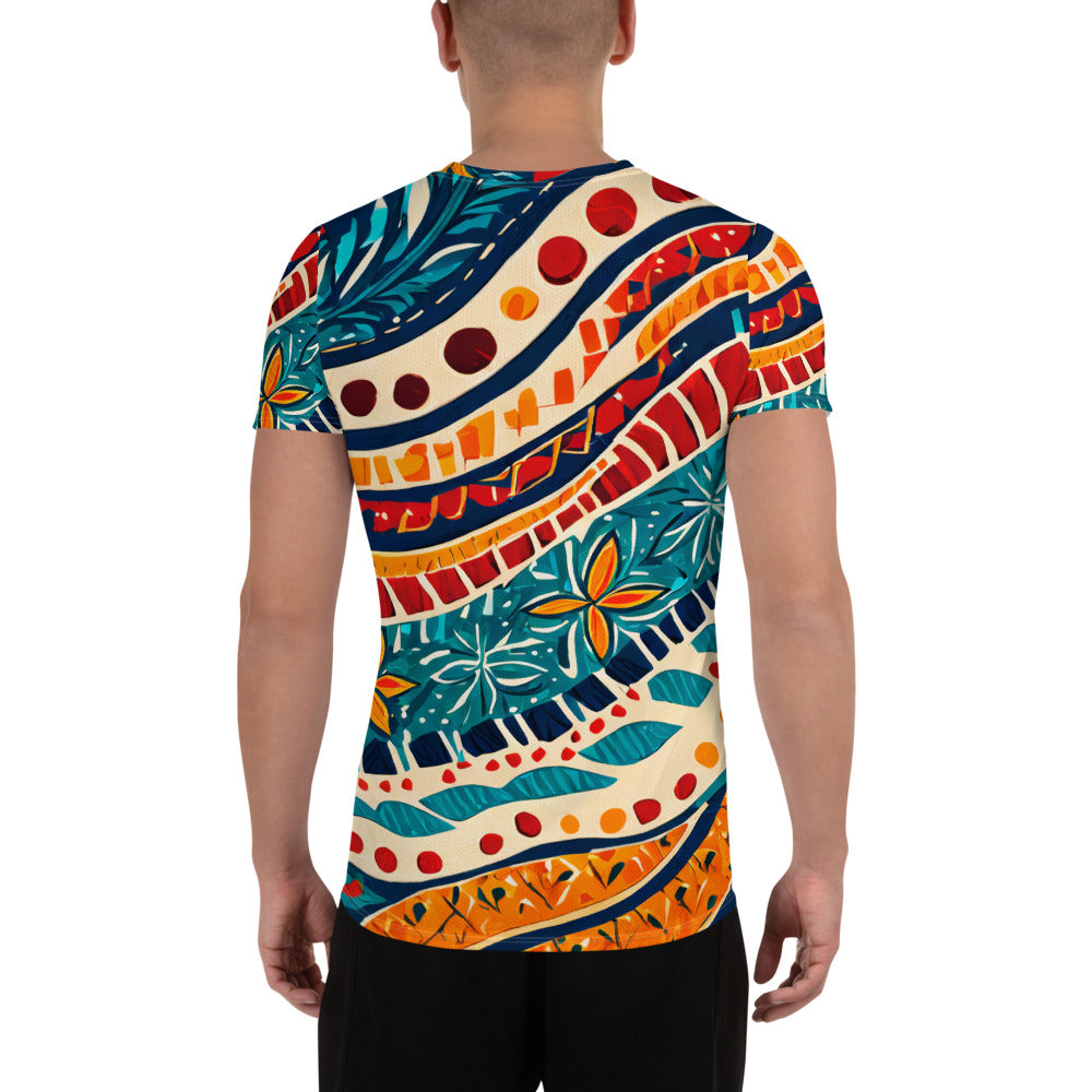 Men's Stretch Fit Athletic Sports T-shirt featuring a vibrant Boho floral print, designed for comfort and performance during workouts.