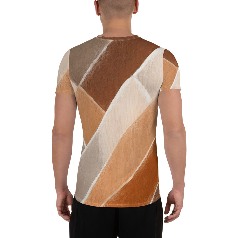 Men's Stretch Fit Athletic Sports T-shirt in Brown Rustic Watercolors, showcasing a soft, flexible fabric with a stylish design suitable for workouts.