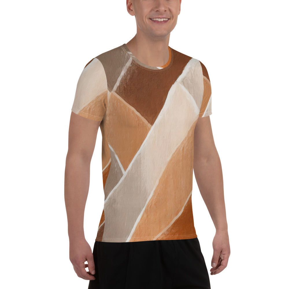 Men's Stretch Fit Athletic Sports T-shirt in Brown Rustic Watercolors, showcasing a soft, flexible fabric with a stylish design suitable for workouts.