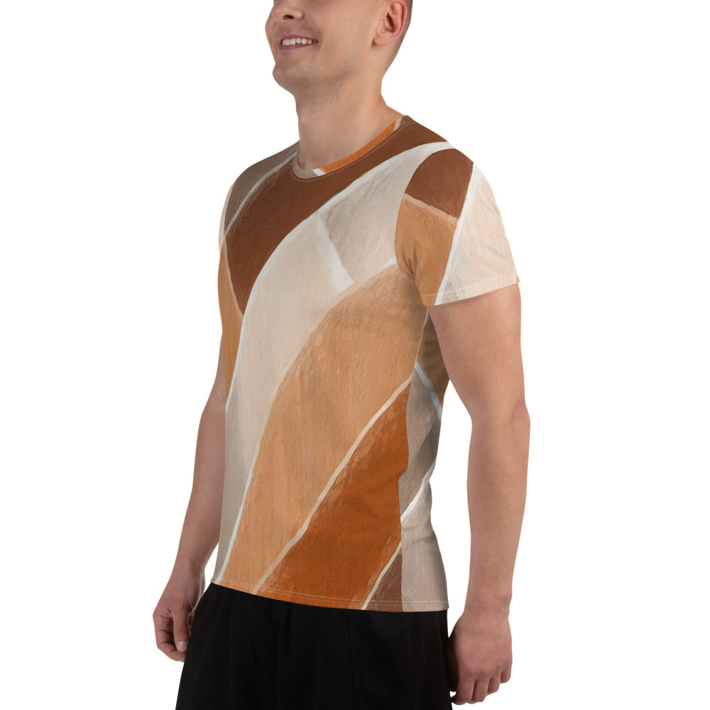 Men's Stretch Fit Athletic Sports T-shirt in Brown Rustic Watercolors, showcasing a soft, flexible fabric with a stylish design suitable for workouts.