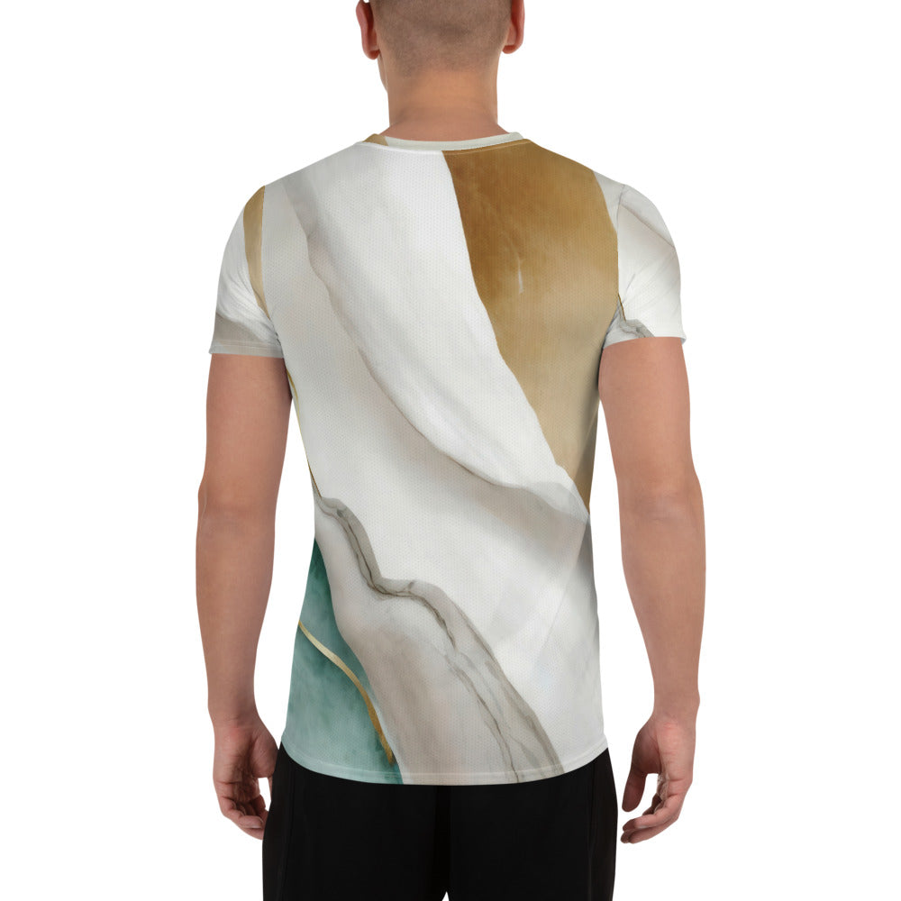 Men's Stretch Fit Athletic Sports T-shirt in Cream White Green Marbled, showcasing its soft fabric and athletic design.