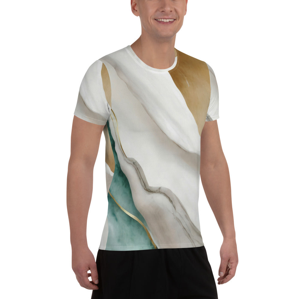 Men's Stretch Fit Athletic Sports T-shirt in Cream White Green Marbled, showcasing its soft fabric and athletic design.