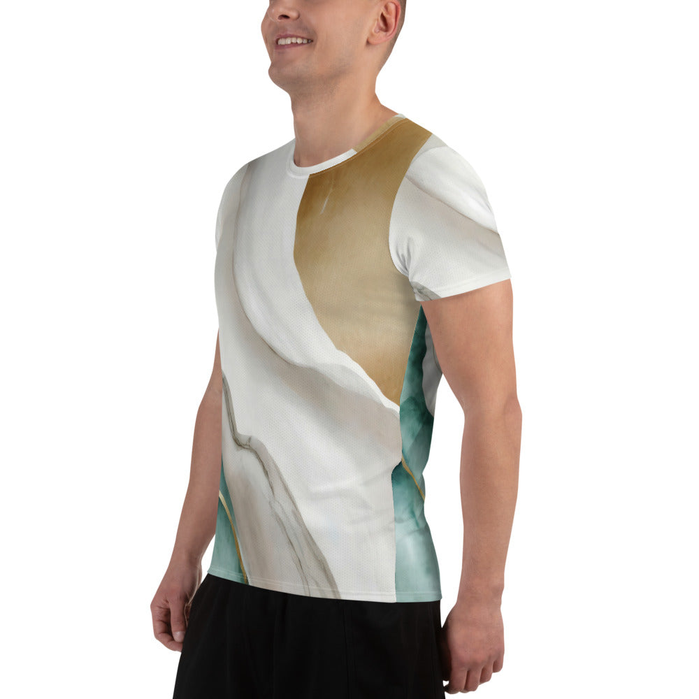 Men's Stretch Fit Athletic Sports T-shirt in Cream White Green Marbled, showcasing its soft fabric and athletic design.