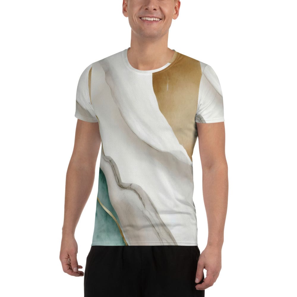 Men's Stretch Fit Athletic Sports T-shirt in Cream White Green Marbled, showcasing its soft fabric and athletic design.