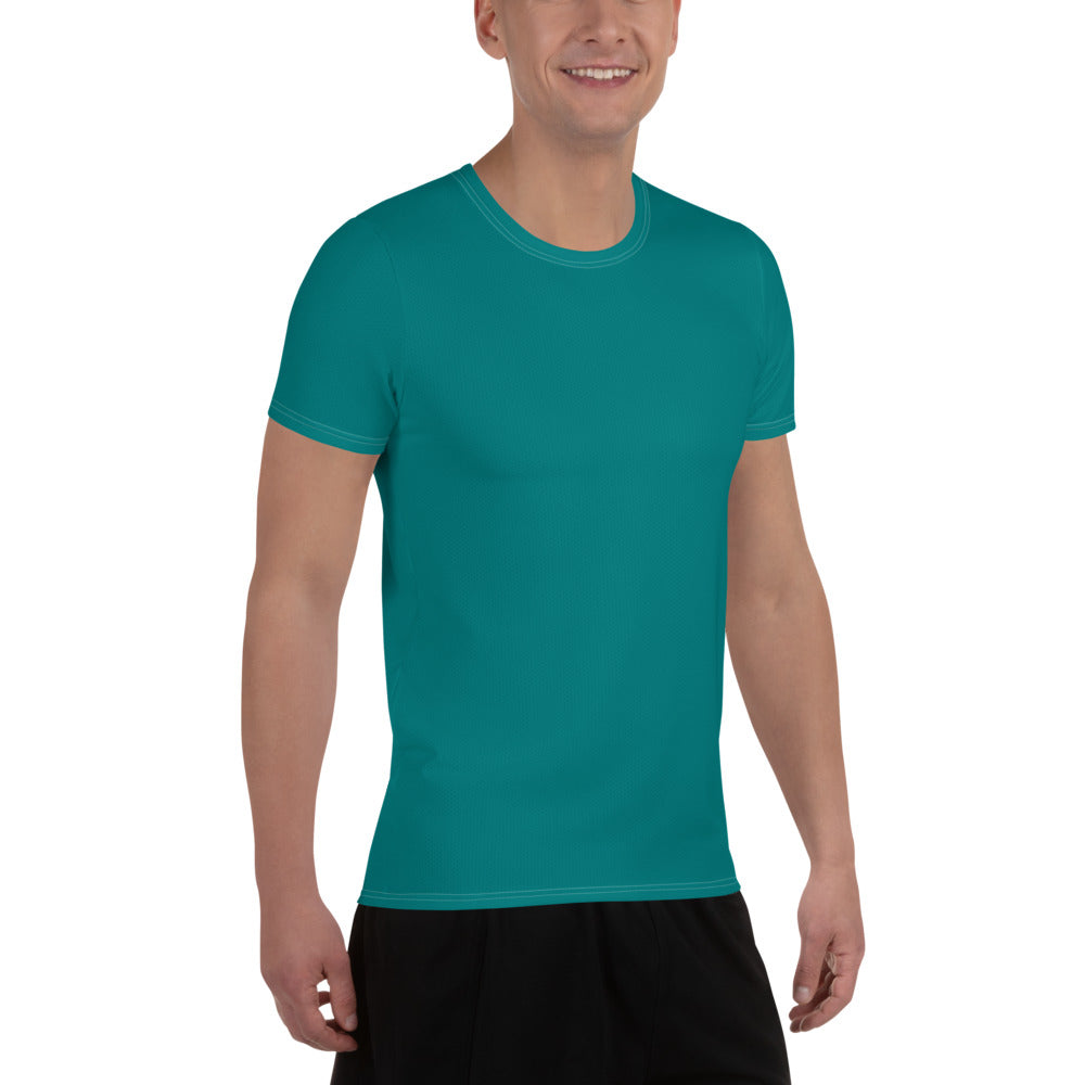 Men's Stretch Fit Athletic Sports T-shirt in Dark Teal Green, showcasing its flexible fit and moisture-wicking fabric.