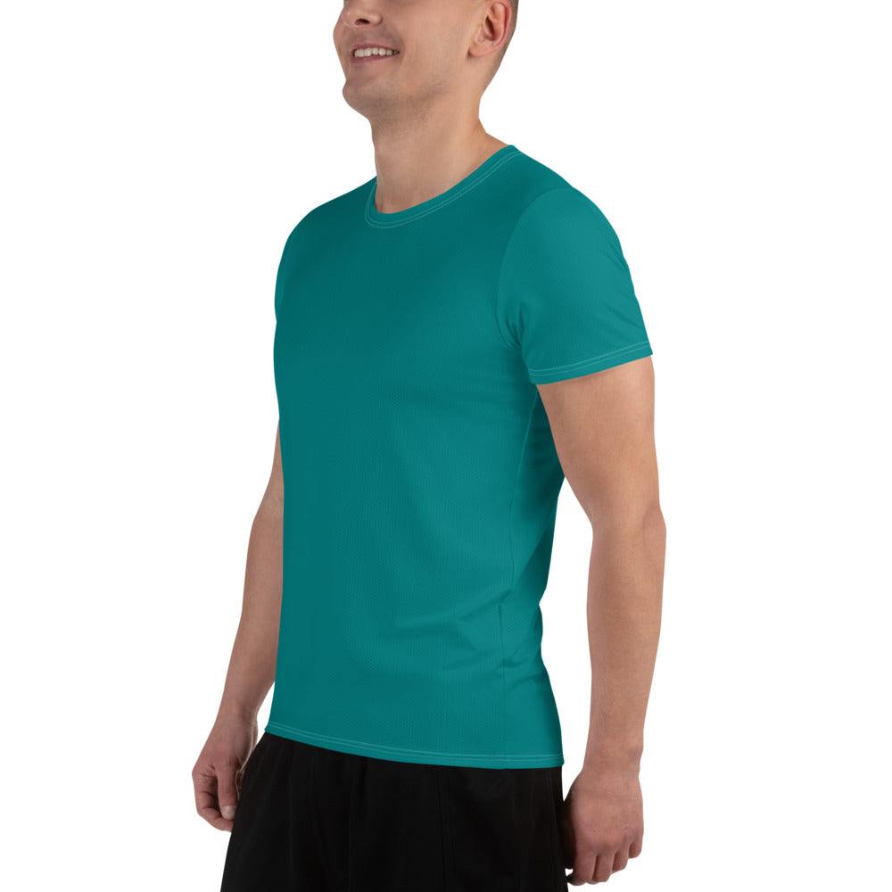 Men's Stretch Fit Athletic Sports T-shirt in Dark Teal Green, showcasing its flexible fit and moisture-wicking fabric.