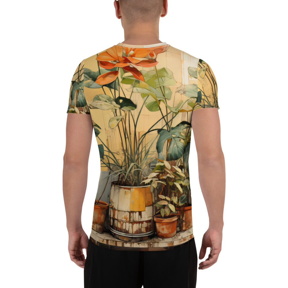 Men's Stretch Fit Athletic Sports T-shirt featuring an earthy rustic potted plants print, designed for comfort and performance during workouts.