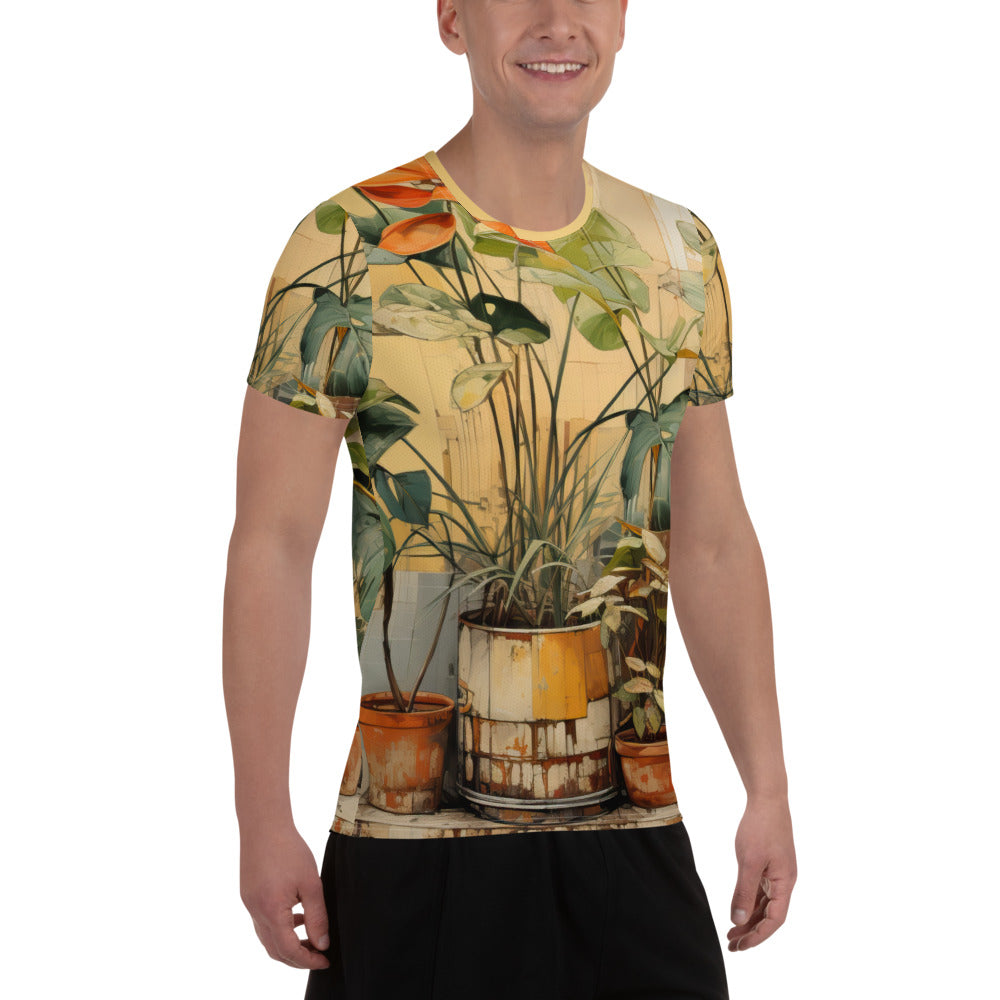 Men's Stretch Fit Athletic Sports T-shirt featuring an earthy rustic potted plants print, designed for comfort and performance during workouts.