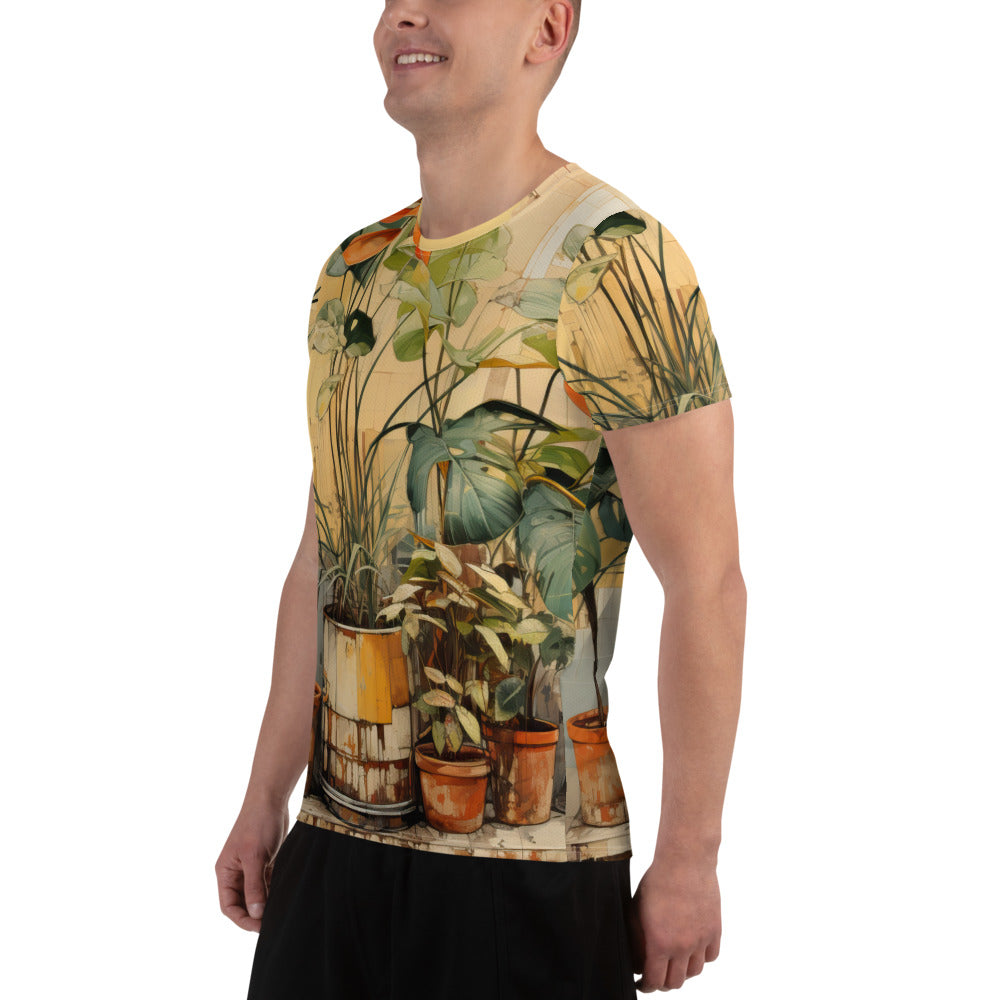 Men's Stretch Fit Athletic Sports T-shirt featuring an earthy rustic potted plants print, designed for comfort and performance during workouts.