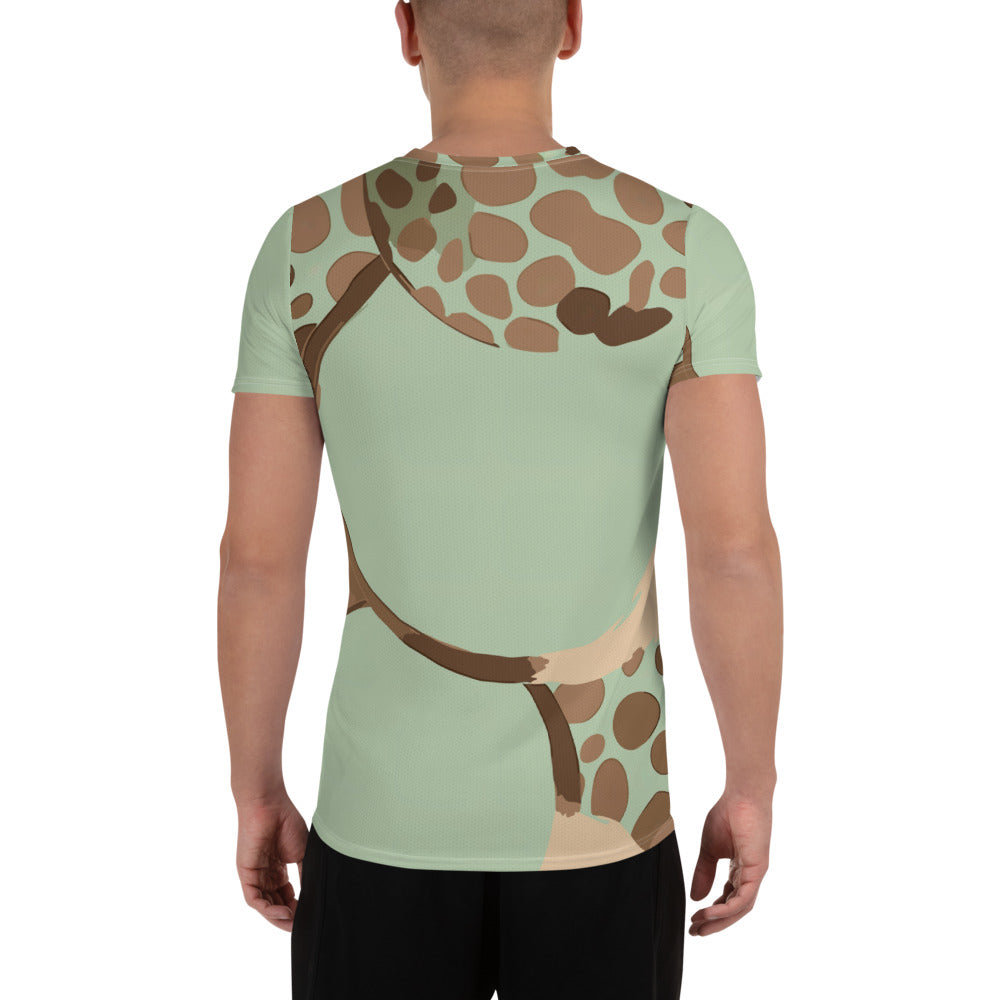 Men's Stretch Fit Athletic Sports T-shirt in green beige spotted print, showcasing its soft fabric and athletic design.