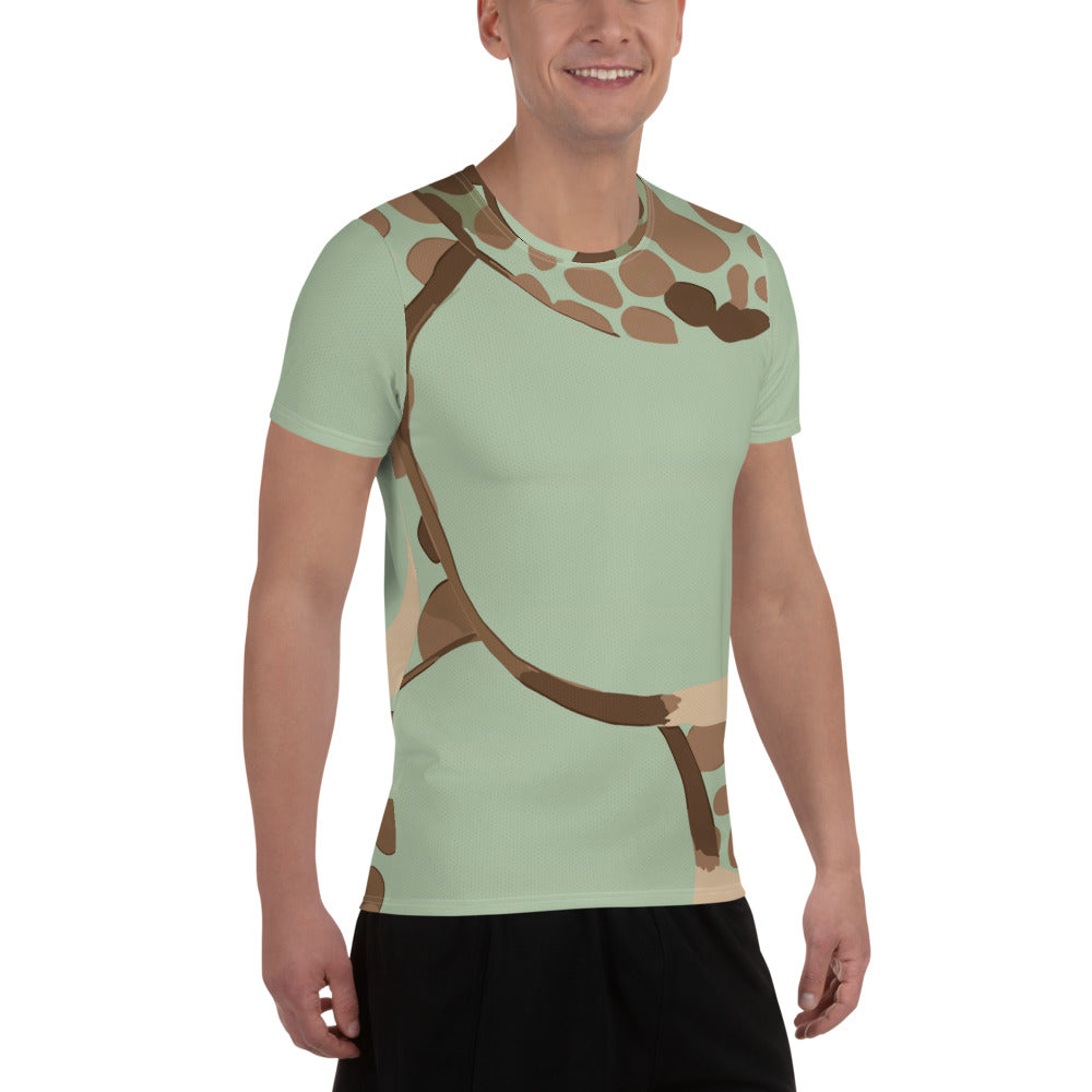 Men's Stretch Fit Athletic Sports T-shirt in green beige spotted print, showcasing its soft fabric and athletic design.