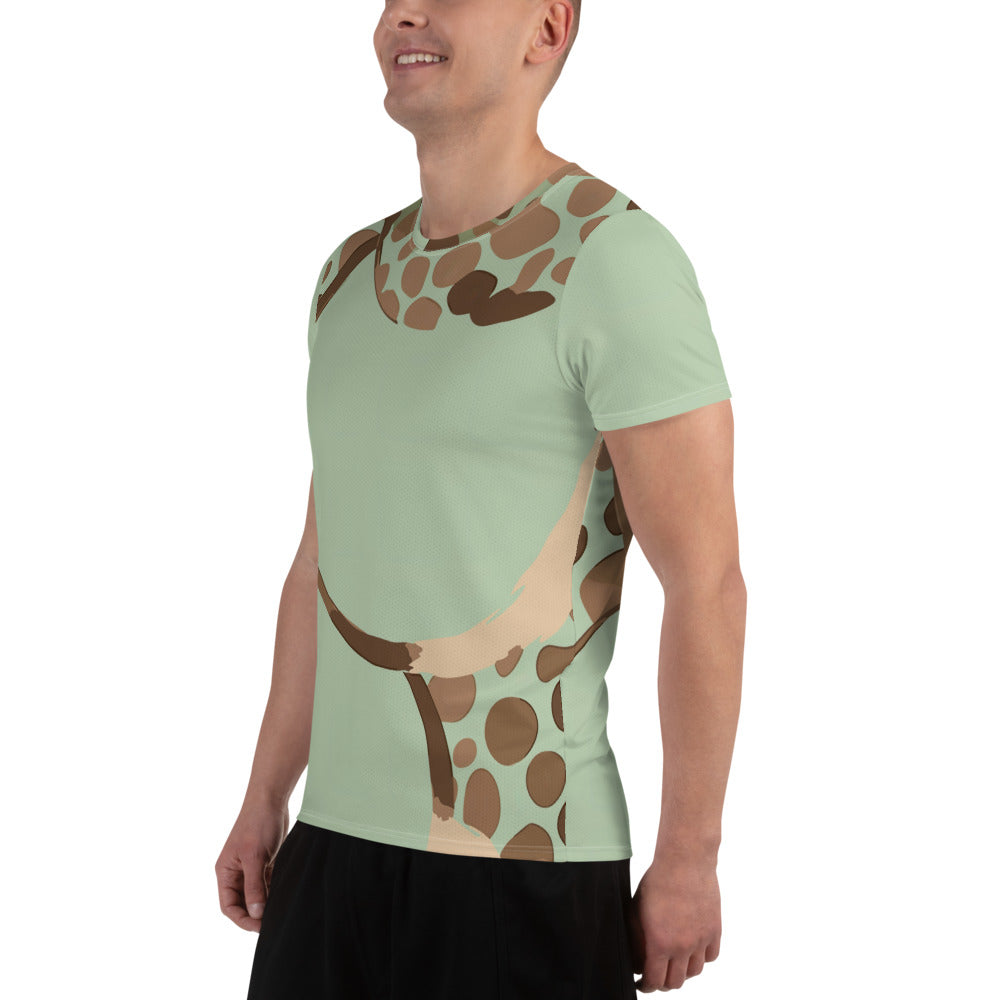 Men's Stretch Fit Athletic Sports T-shirt in green beige spotted print, showcasing its soft fabric and athletic design.