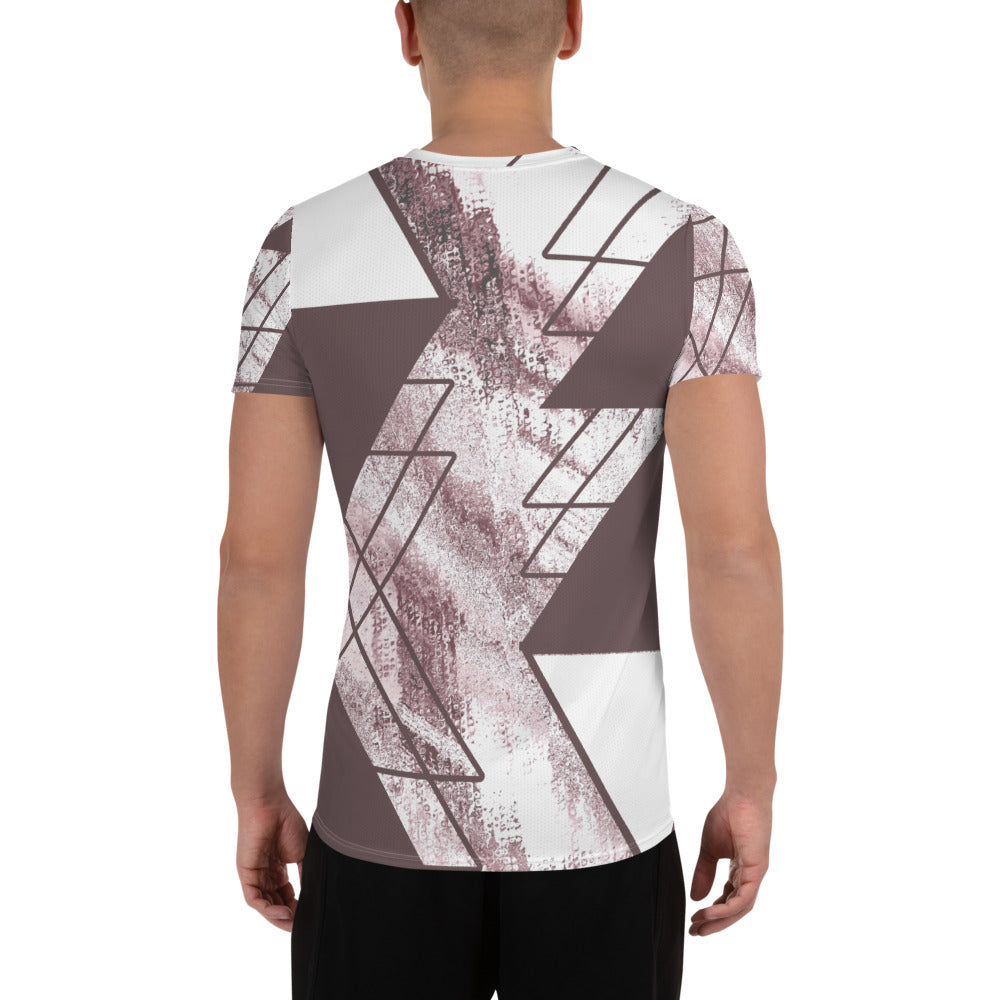 Men's Stretch Fit Athletic Sports T-shirt in Mauve Rose and White, featuring a triangular colorblock design and short sleeves.