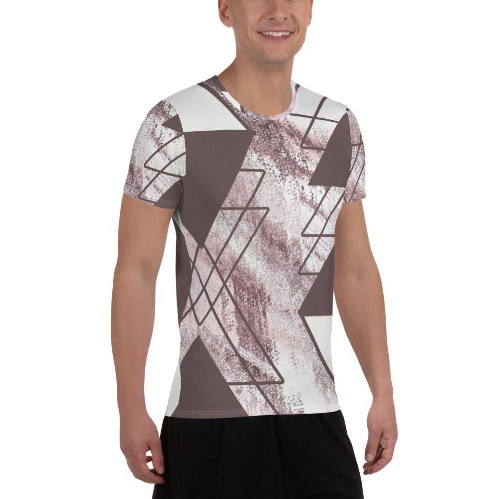 Men's Stretch Fit Athletic Sports T-shirt in Mauve Rose and White, featuring a triangular colorblock design and short sleeves.