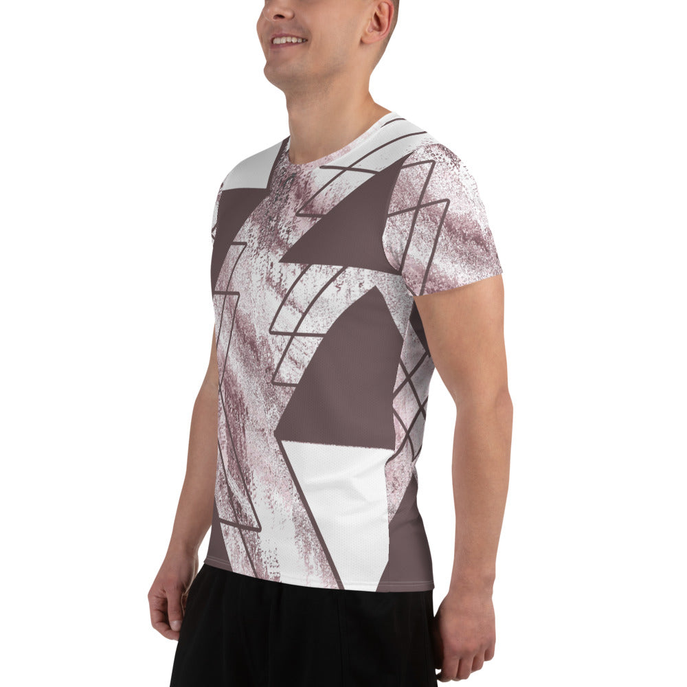 Men's Stretch Fit Athletic Sports T-shirt in Mauve Rose and White, featuring a triangular colorblock design and short sleeves.