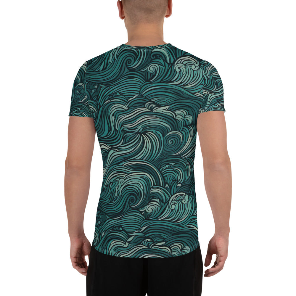 Men's Stretch Fit Athletic Sports T-shirt in mint green with a water wave print, showcasing its flexible fit and stylish design.