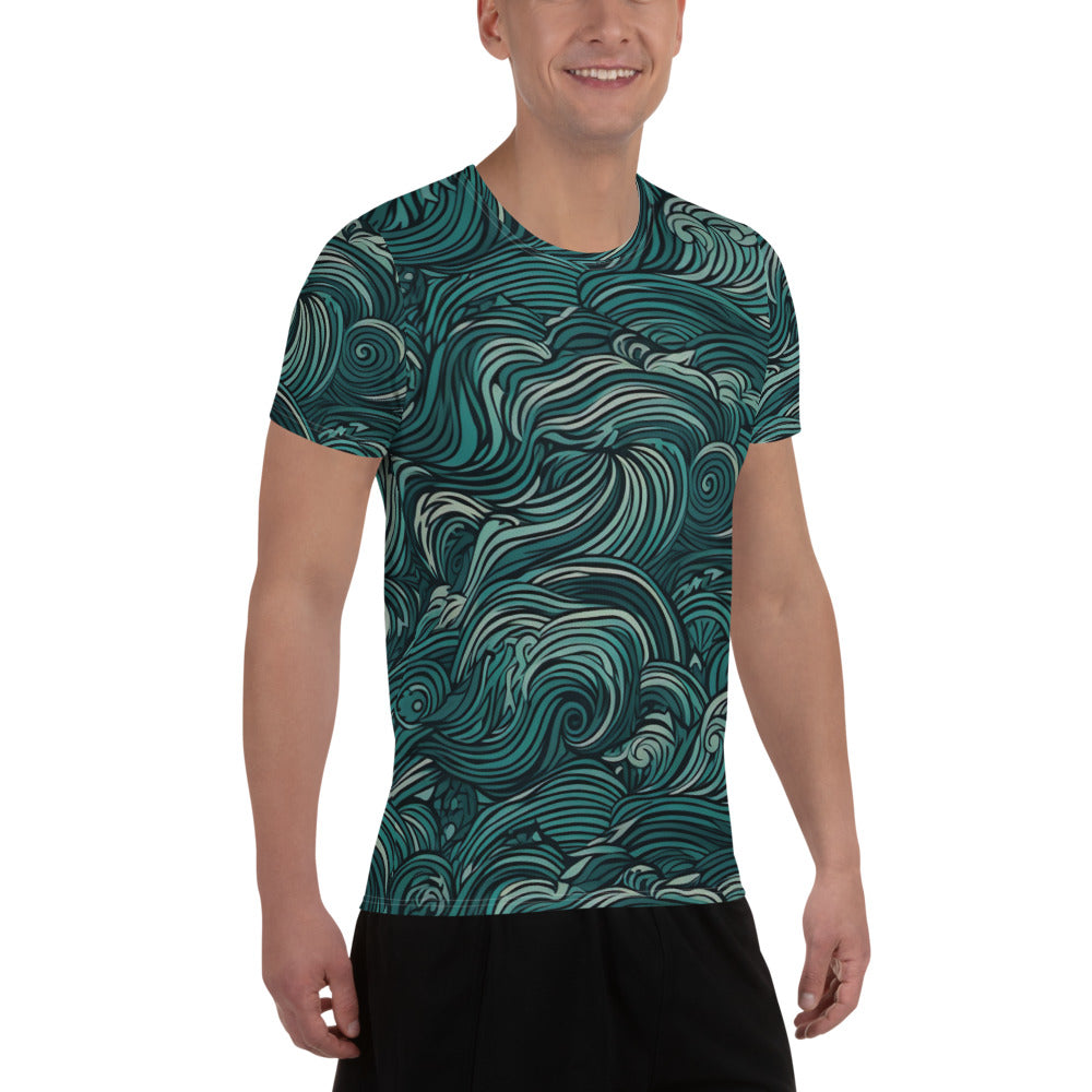 Men's Stretch Fit Athletic Sports T-shirt in mint green with a water wave print, showcasing its flexible fit and stylish design.