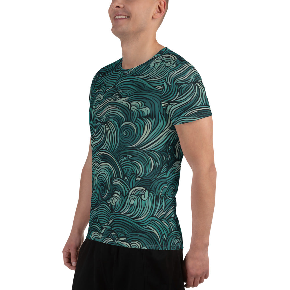 Men's Stretch Fit Athletic Sports T-shirt in mint green with a water wave print, showcasing its flexible fit and stylish design.