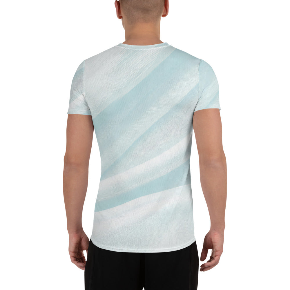 Men's Stretch Fit Athletic Sports T-shirt in Pastel Blue Swirl, showcasing a soft four-way stretch fabric and classic crew neckline design.