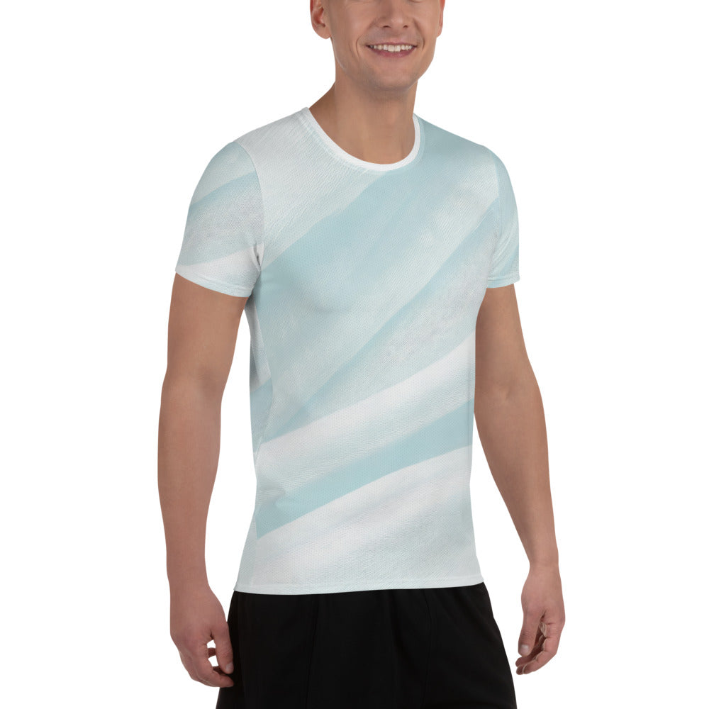 Men's Stretch Fit Athletic Sports T-shirt in Pastel Blue Swirl, showcasing a soft four-way stretch fabric and classic crew neckline design.