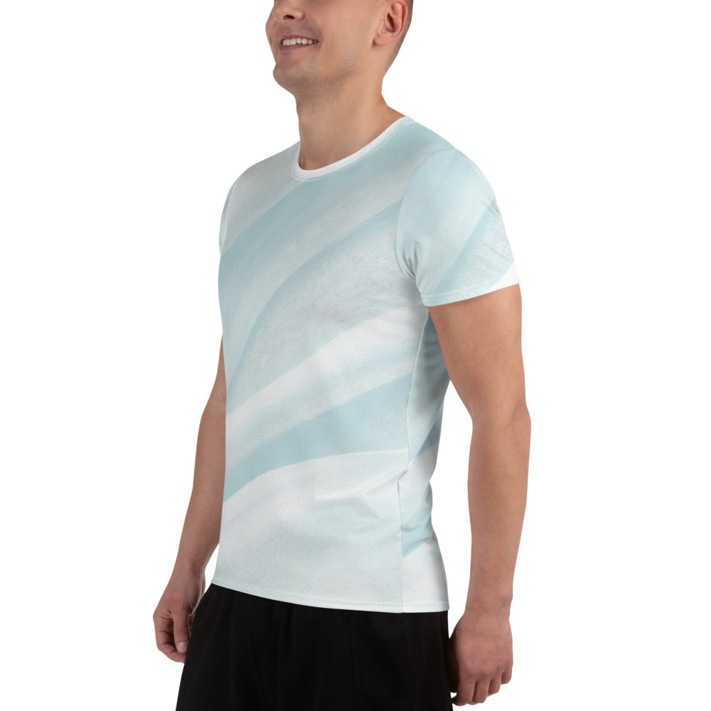 Men's Stretch Fit Athletic Sports T-shirt in Pastel Blue Swirl, showcasing a soft four-way stretch fabric and classic crew neckline design.