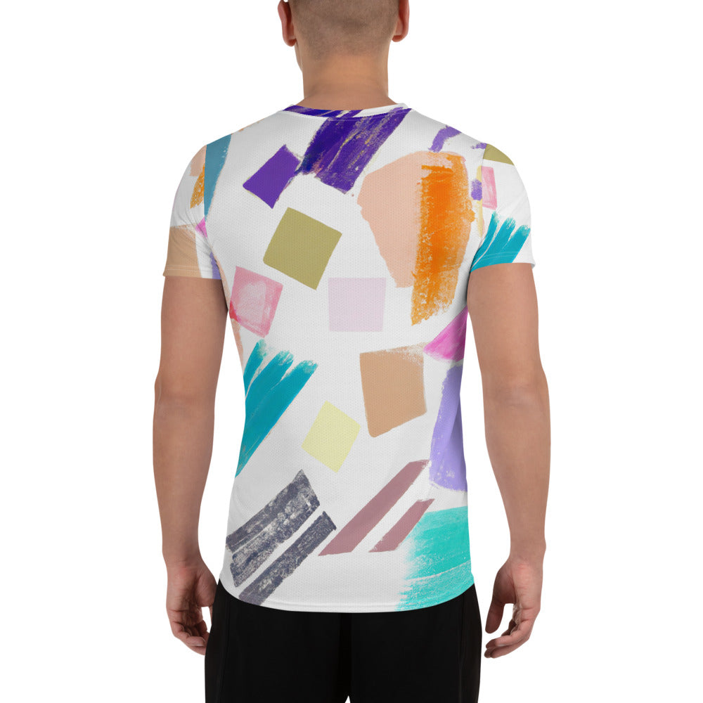 Men's Stretch Fit Athletic Sports T-shirt in pastel pattern, showcasing its soft fabric and athletic design.