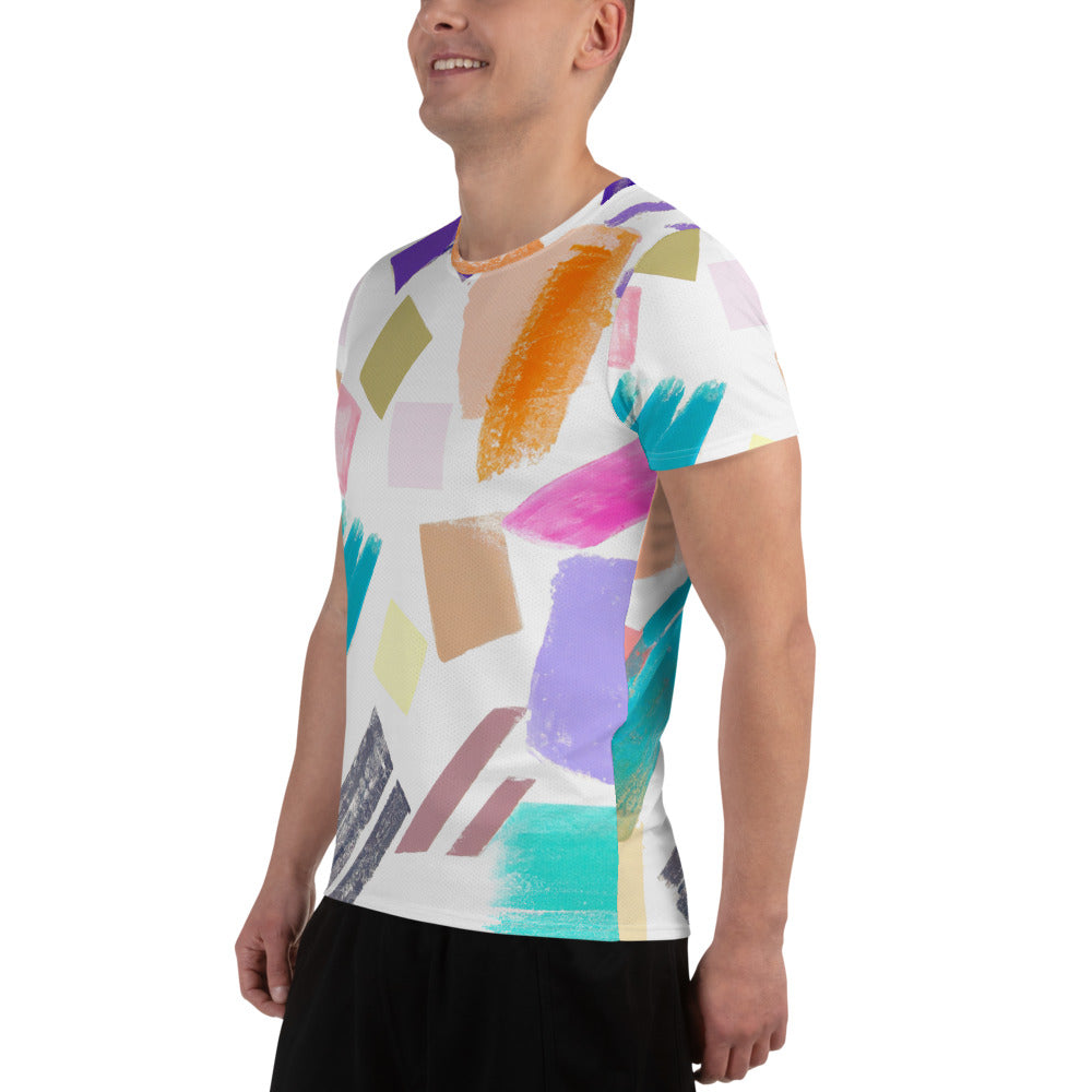 Men's Stretch Fit Athletic Sports T-shirt in pastel pattern, showcasing its soft fabric and athletic design.