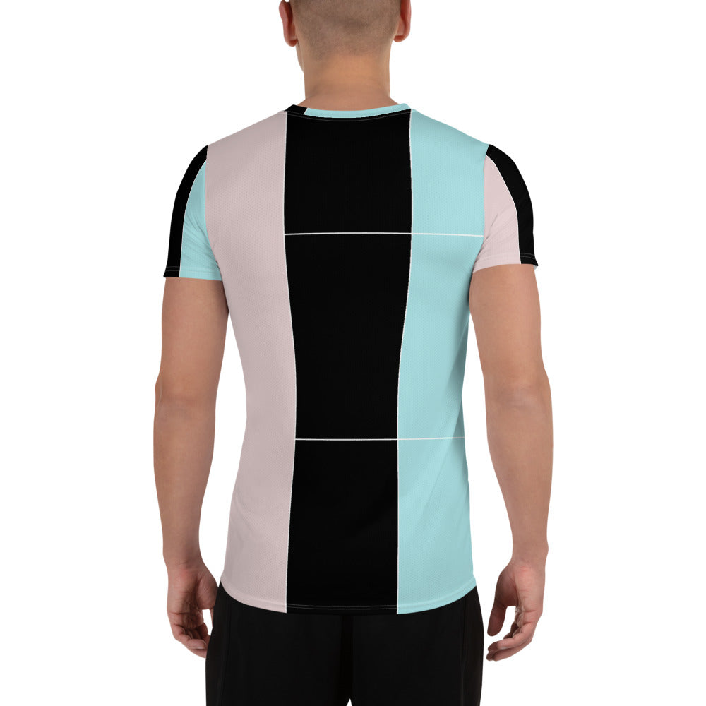 Men's Stretch Fit Athletic Sports T-shirt in pastel pink, black, and blue colorblock design, showcasing its flexible fit and stylish appearance.