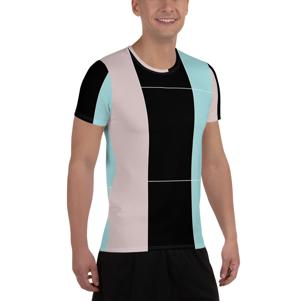 Men's Stretch Fit Athletic Sports T-shirt in pastel pink, black, and blue colorblock design, showcasing its flexible fit and stylish appearance.