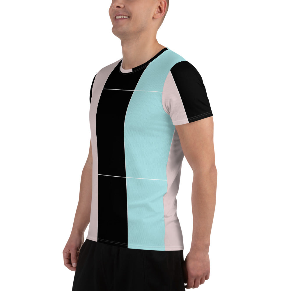 Men's Stretch Fit Athletic Sports T-shirt in pastel pink, black, and blue colorblock design, showcasing its flexible fit and stylish appearance.