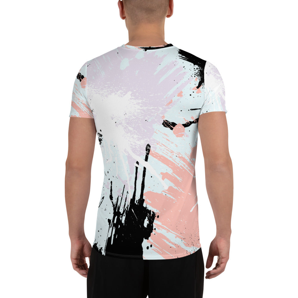 Men's Stretch Fit Athletic Sports T-shirt in pink black abstract print, showcasing a modern design and high-quality fabric for optimal performance.