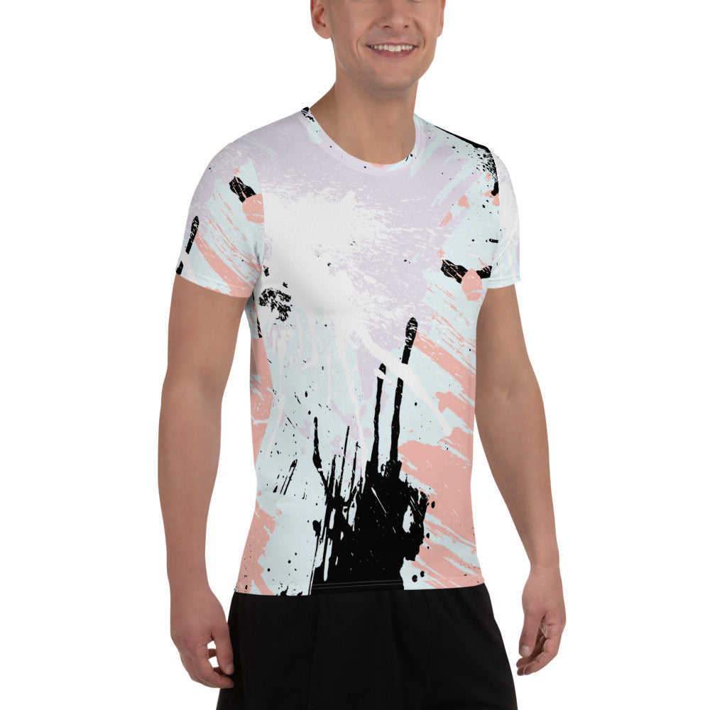 Men's Stretch Fit Athletic Sports T-shirt in pink black abstract print, showcasing a modern design and high-quality fabric for optimal performance.