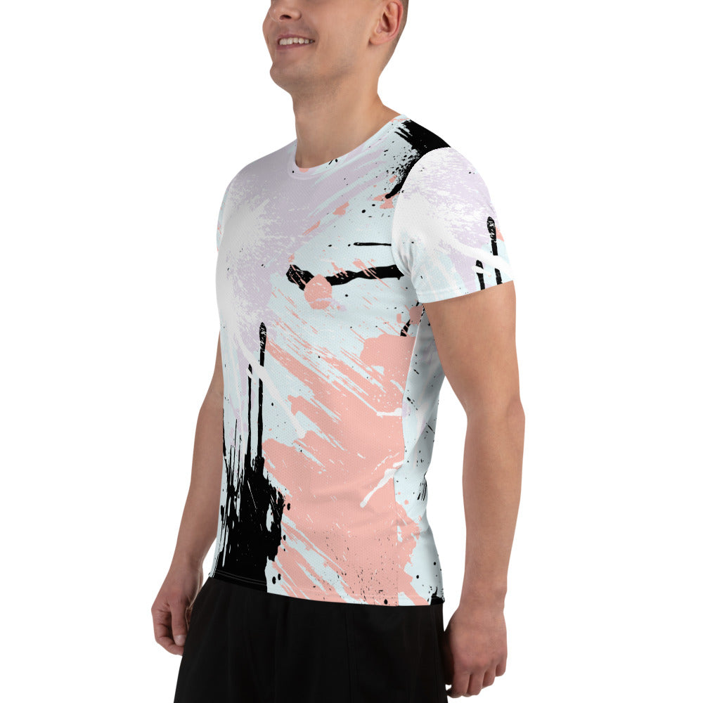 Men's Stretch Fit Athletic Sports T-shirt in pink black abstract print, showcasing a modern design and high-quality fabric for optimal performance.