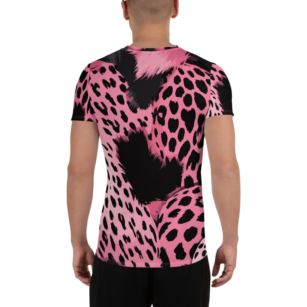 Men's Stretch Fit Athletic Sports T-shirt in pink and black spotted print, showcasing its soft fabric and athletic design.