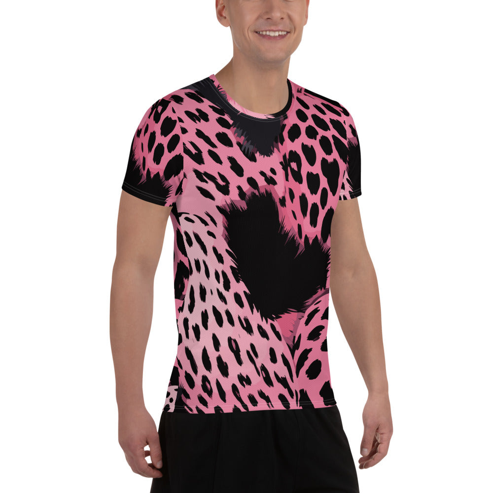 Men's Stretch Fit Athletic Sports T-shirt in pink and black spotted print, showcasing its soft fabric and athletic design.