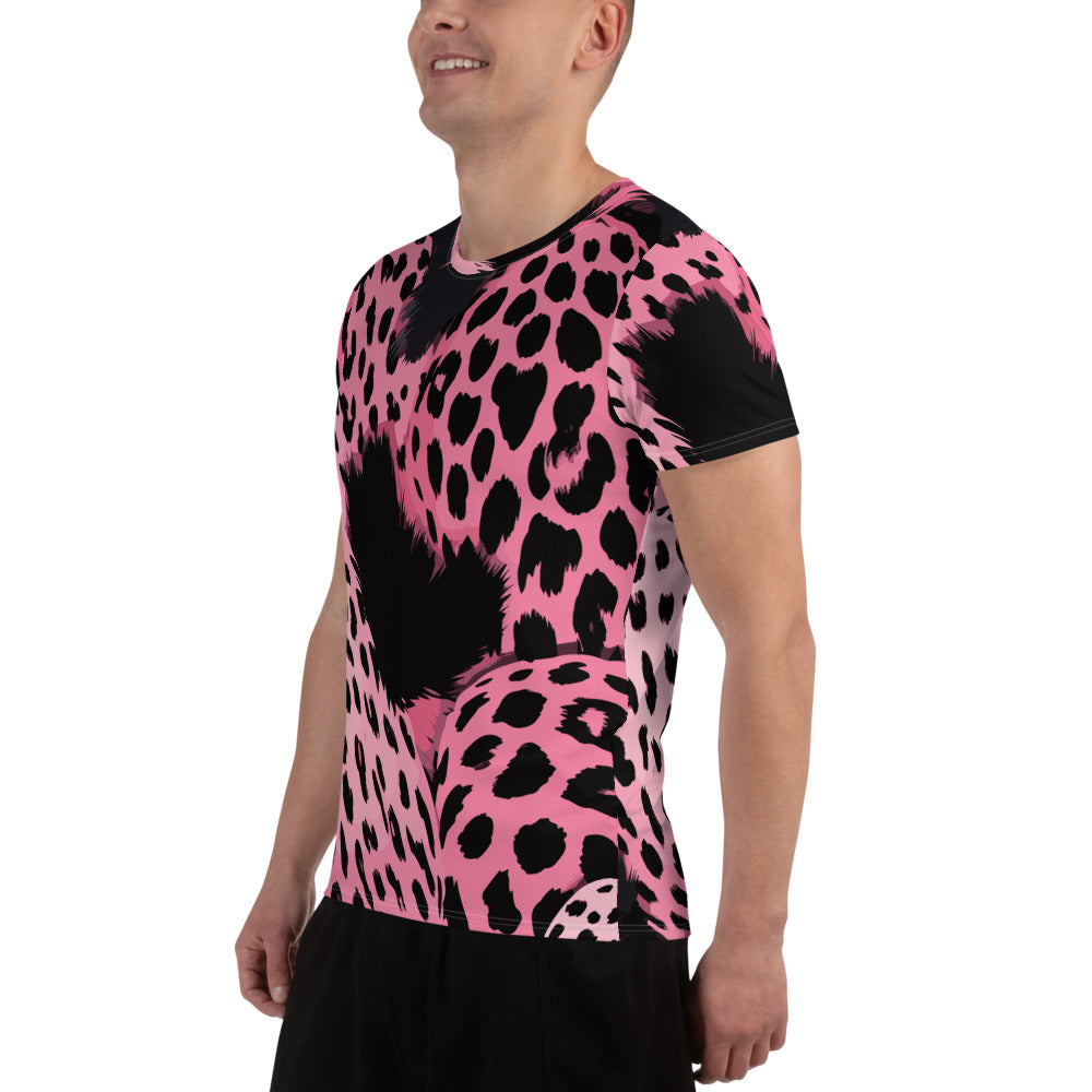 Men's Stretch Fit Athletic Sports T-shirt in pink and black spotted print, showcasing its soft fabric and athletic design.