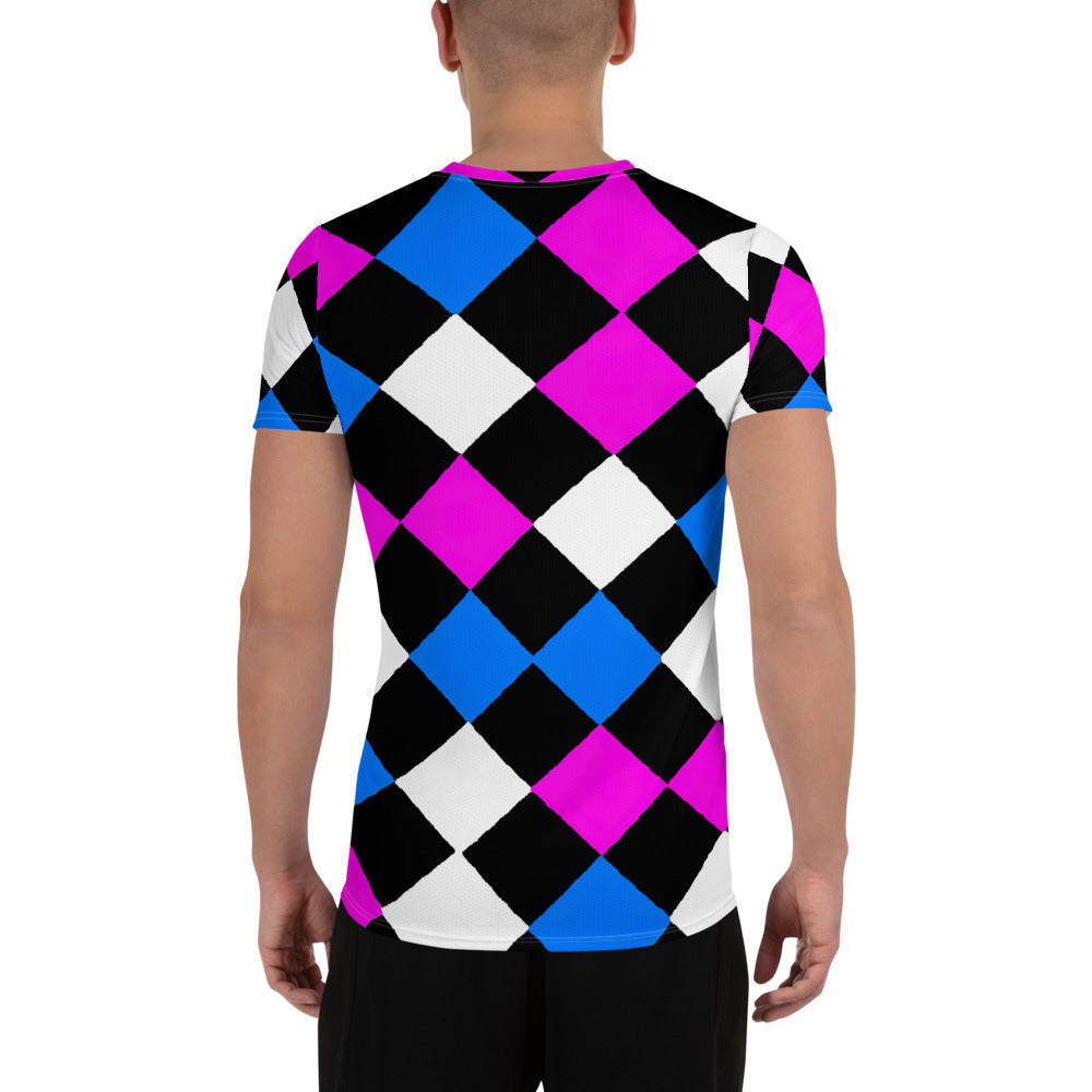 Men's Stretch Fit Athletic Sports T-shirt featuring a pink blue checkered pattern, designed for optimal performance and comfort during workouts.