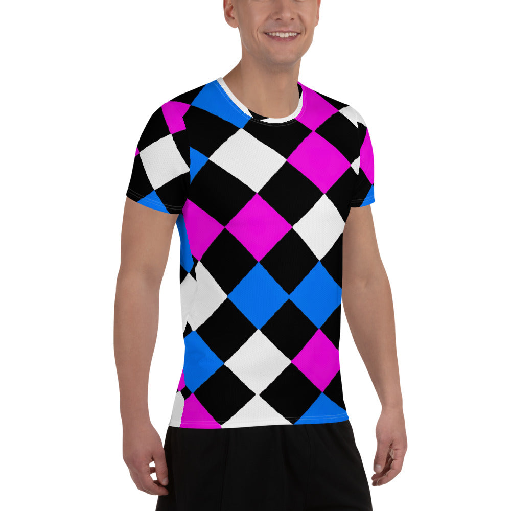 Men's Stretch Fit Athletic Sports T-shirt featuring a pink blue checkered pattern, designed for optimal performance and comfort during workouts.