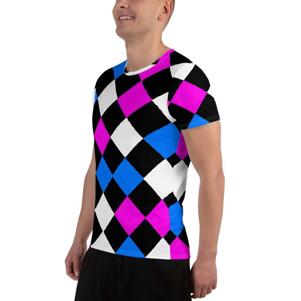 Men's Stretch Fit Athletic Sports T-shirt featuring a pink blue checkered pattern, designed for optimal performance and comfort during workouts.