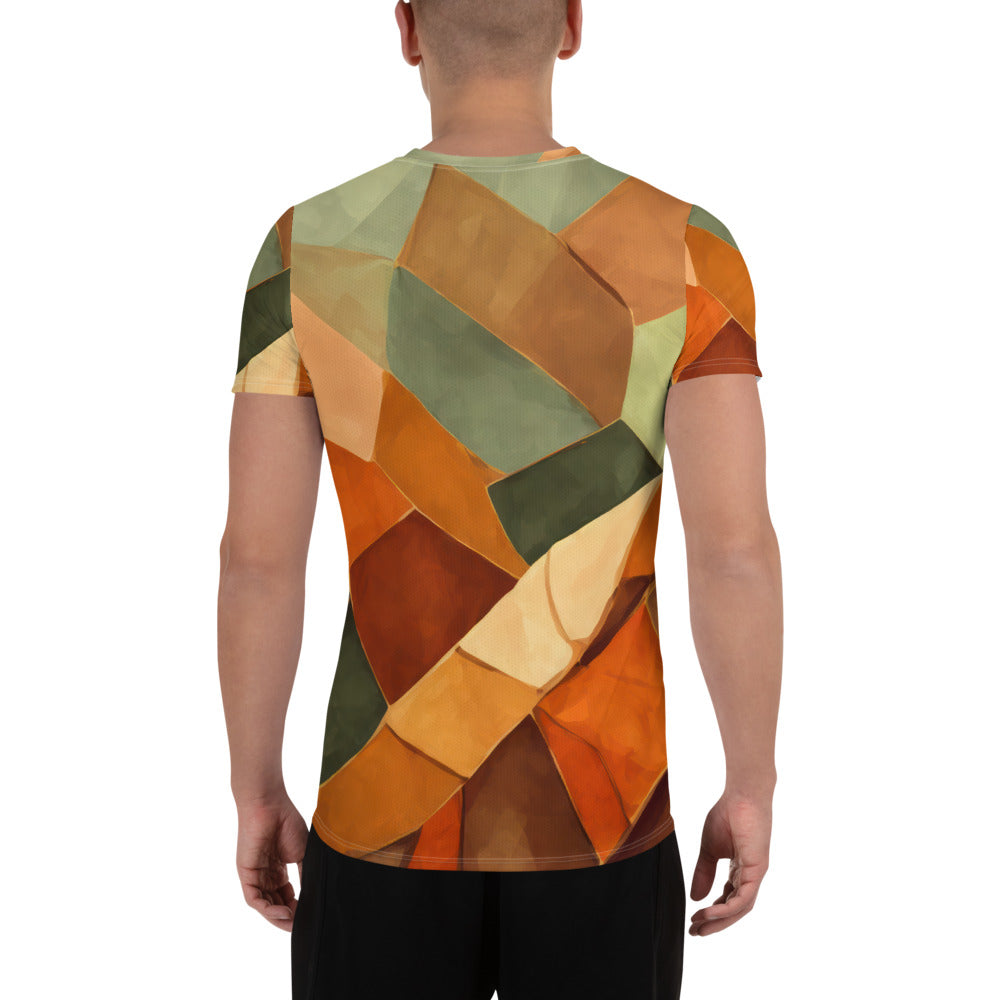 Men's Stretch Fit Athletic Sports T-shirt in Rustic Red Abstract Pattern, showcasing its flexible fit and stylish design.