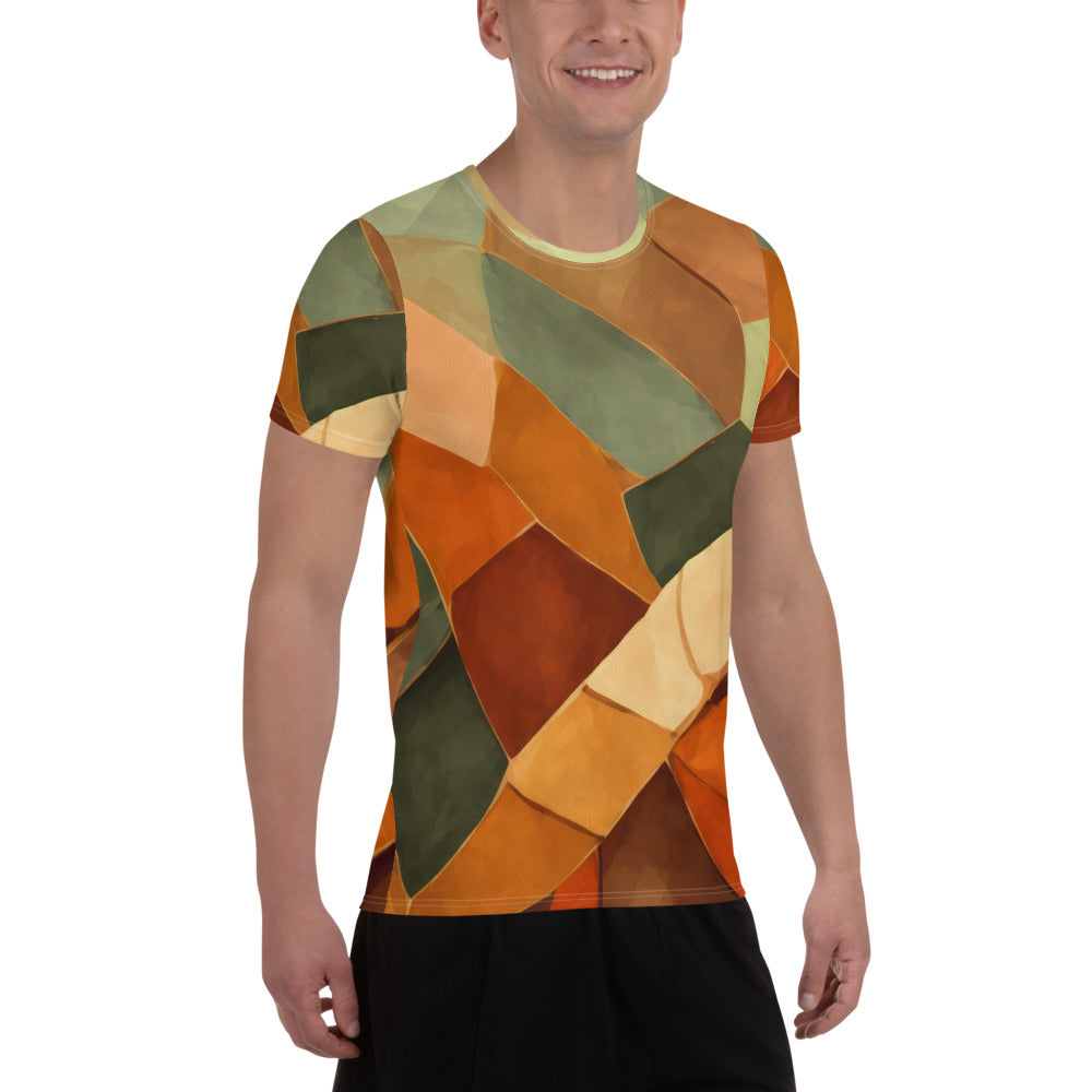 Men's Stretch Fit Athletic Sports T-shirt in Rustic Red Abstract Pattern, showcasing its flexible fit and stylish design.