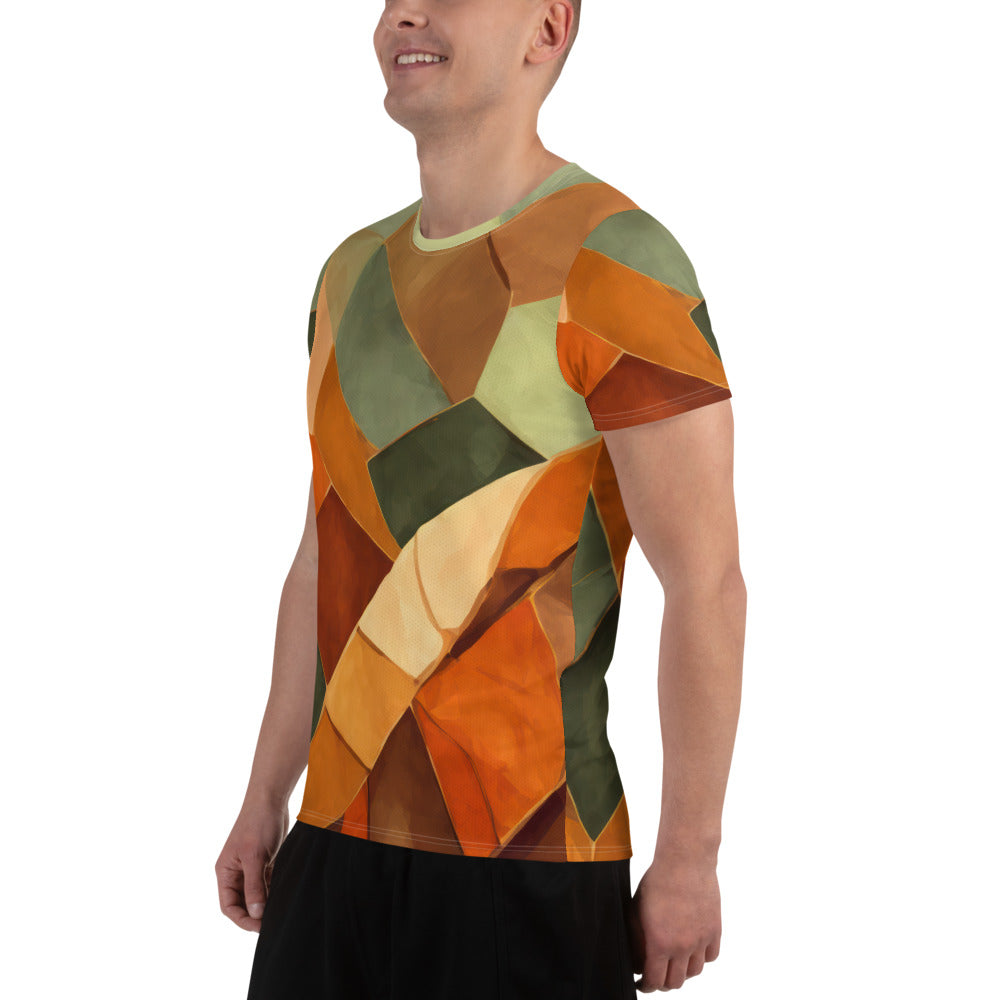 Men's Stretch Fit Athletic Sports T-shirt in Rustic Red Abstract Pattern, showcasing its flexible fit and stylish design.